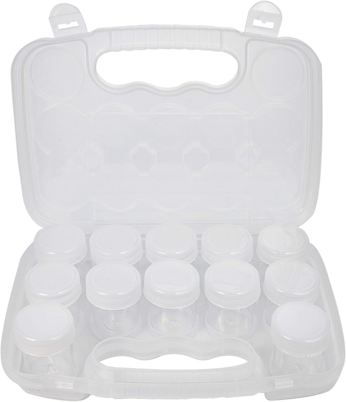 The Beadsmith Personality Case - Clear Storage Organizer Box, 8 x 8.5 x 1.75 inches - Includes 12 Small Containers with lids – 1.5 x 1.5 inches, Molded Case with Built-In Handle